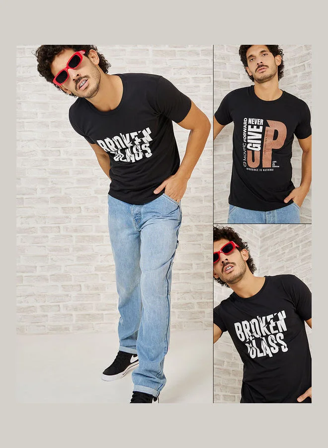 Styli Pack of 2 - Slogan Print Regular Fit T-shirt