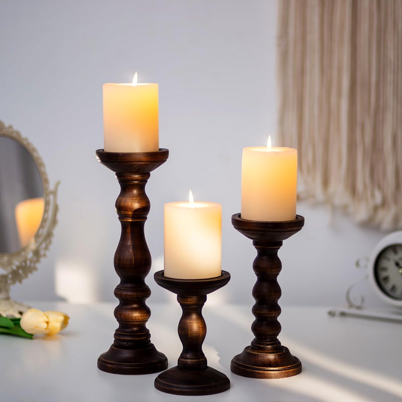 Romadedi Wood Candle Holders for Pillar - Set of 3 Tall Rustic Vintage Wooden Candlestick Holder, Farmhouse Candle Stand for Fireplace Mantle Shelf Table Home Decor, Dark Brown, 6"/ 8.3"/11.8" - Image 3