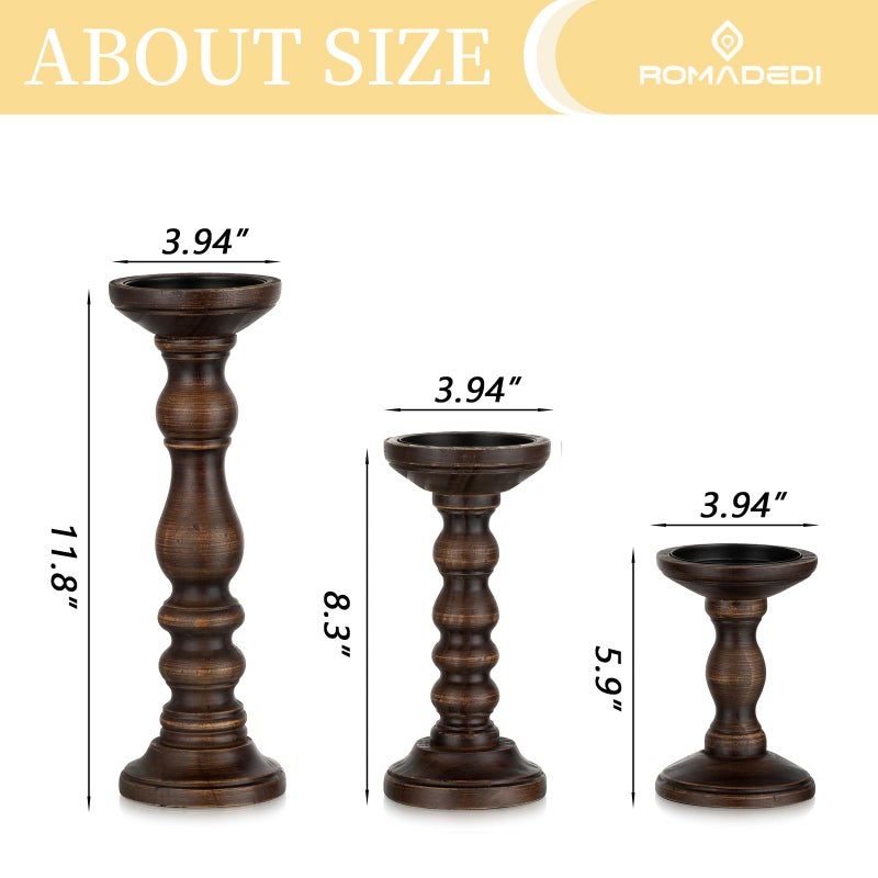 Romadedi Wood Candle Holders for Pillar - Set of 3 Tall Rustic Vintage Wooden Candlestick Holder, Farmhouse Candle Stand for Fireplace Mantle Shelf Table Home Decor, Dark Brown, 6"/ 8.3"/11.8" - Image 5