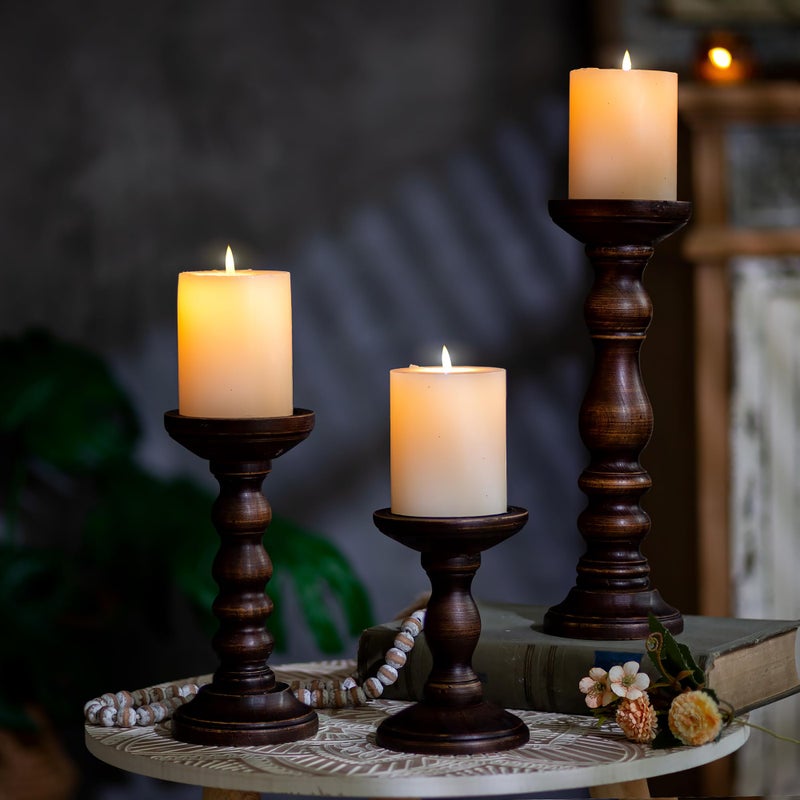 Romadedi Wood Candle Holders for Pillar - Set of 3 Tall Rustic Vintage Wooden Candlestick Holder, Farmhouse Candle Stand for Fireplace Mantle Shelf Table Home Decor, Dark Brown, 6"/ 8.3"/11.8" - Image 4