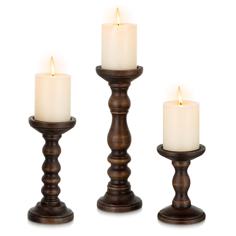 Romadedi Wood Candle Holders for Pillar - Set of 3 Tall Rustic Vintage Wooden Candlestick Holder, Farmhouse Candle Stand for Fireplace Mantle Shelf Table Home Decor, Dark Brown, 6"/ 8.3"/11.8" - Image 1
