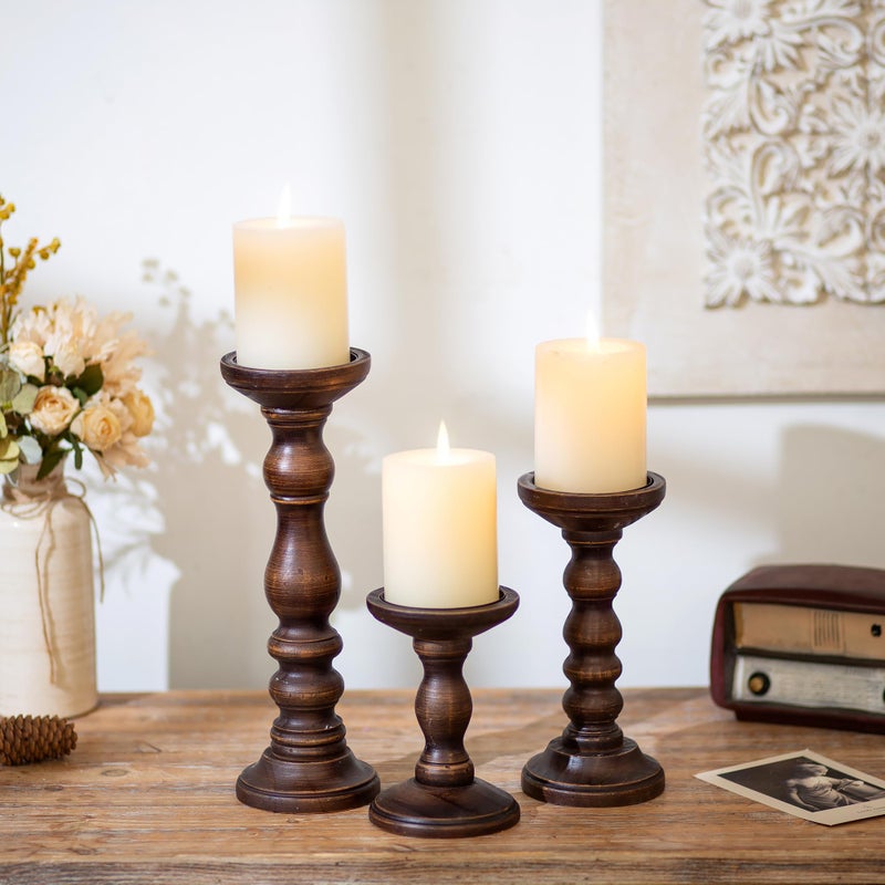 Romadedi Wood Candle Holders for Pillar - Set of 3 Tall Rustic Vintage Wooden Candlestick Holder, Farmhouse Candle Stand for Fireplace Mantle Shelf Table Home Decor, Dark Brown, 6"/ 8.3"/11.8" - Image 2