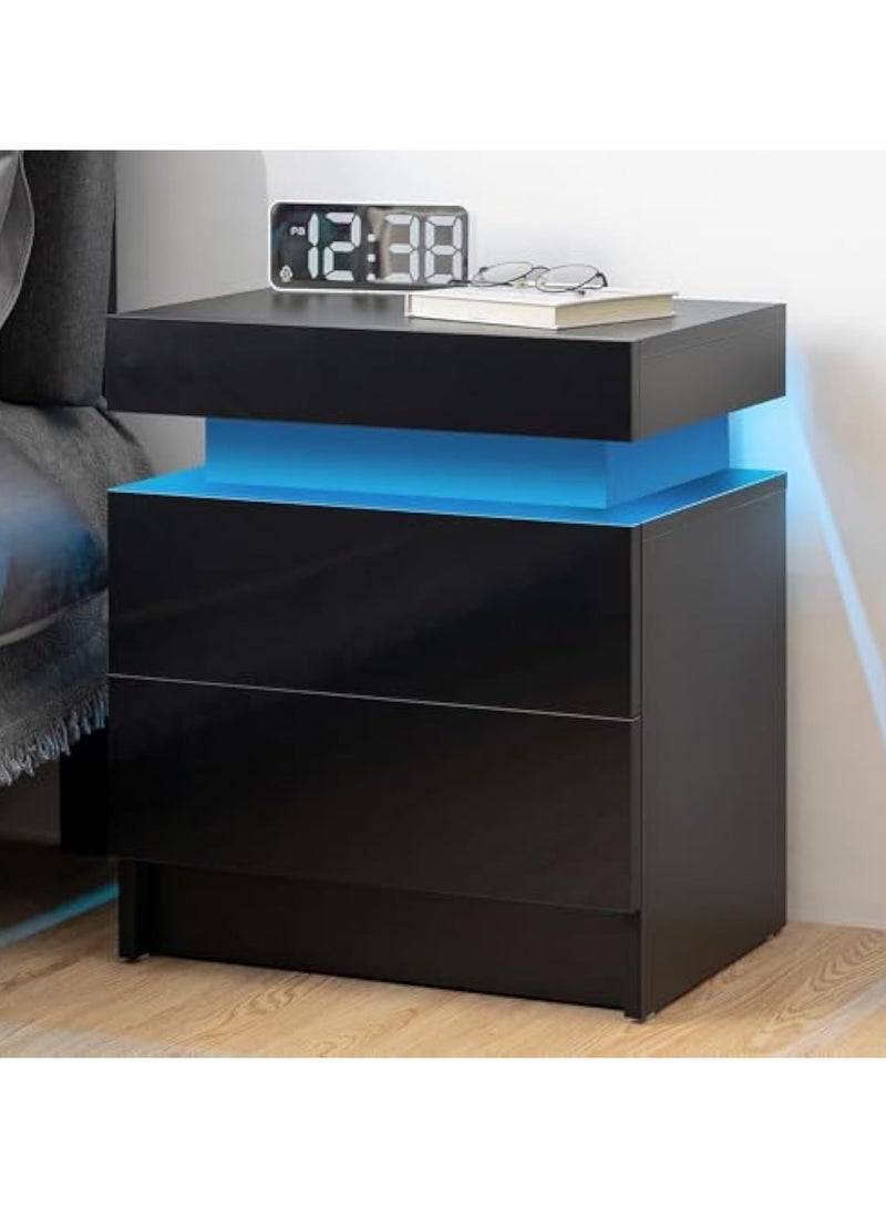 POWER LED Nightstand Black Nightstand with Led Lights Modern Night Stand with 2 High Gloss Drawers Led Bedside Table Smart Nightstand for Bedroom 20.5” Tall - Image 1