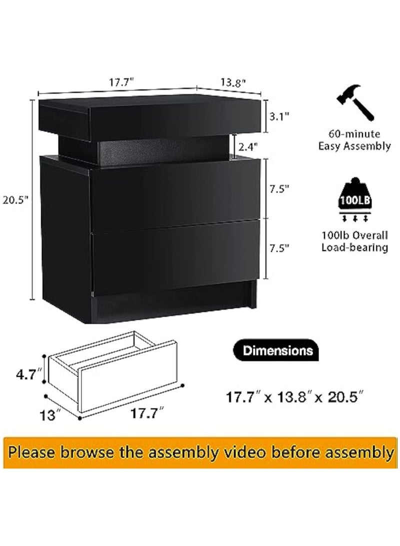 POWER LED Nightstand Black Nightstand with Led Lights Modern Night Stand with 2 High Gloss Drawers Led Bedside Table Smart Nightstand for Bedroom 20.5” Tall - Image 2