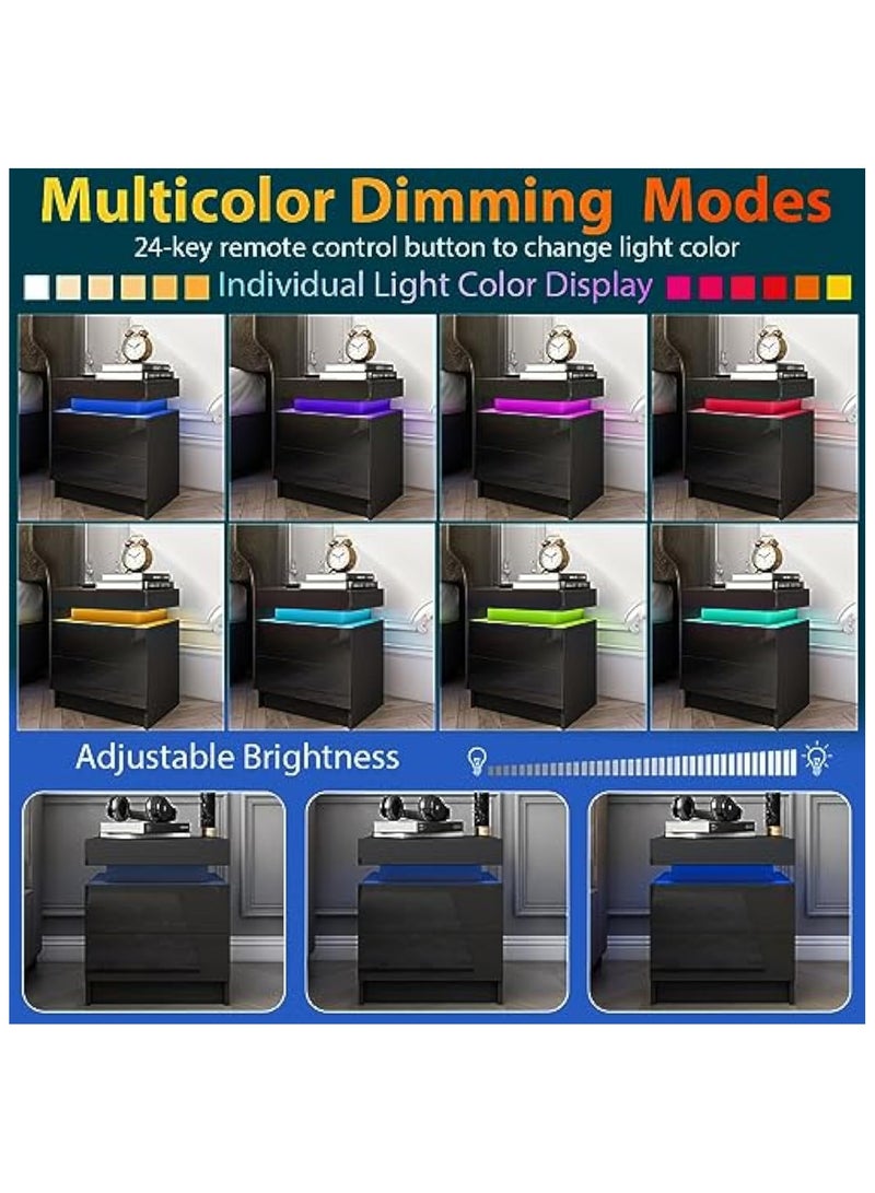 POWER LED Nightstand Black Nightstand with Led Lights Modern Night Stand with 2 High Gloss Drawers Led Bedside Table Smart Nightstand for Bedroom 20.5” Tall - Image 3