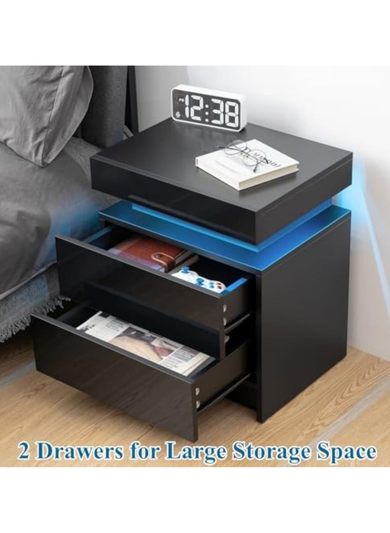 POWER LED Nightstand Black Nightstand with Led Lights Modern Night Stand with 2 High Gloss Drawers Led Bedside Table Smart Nightstand for Bedroom 20.5” Tall - Image 4