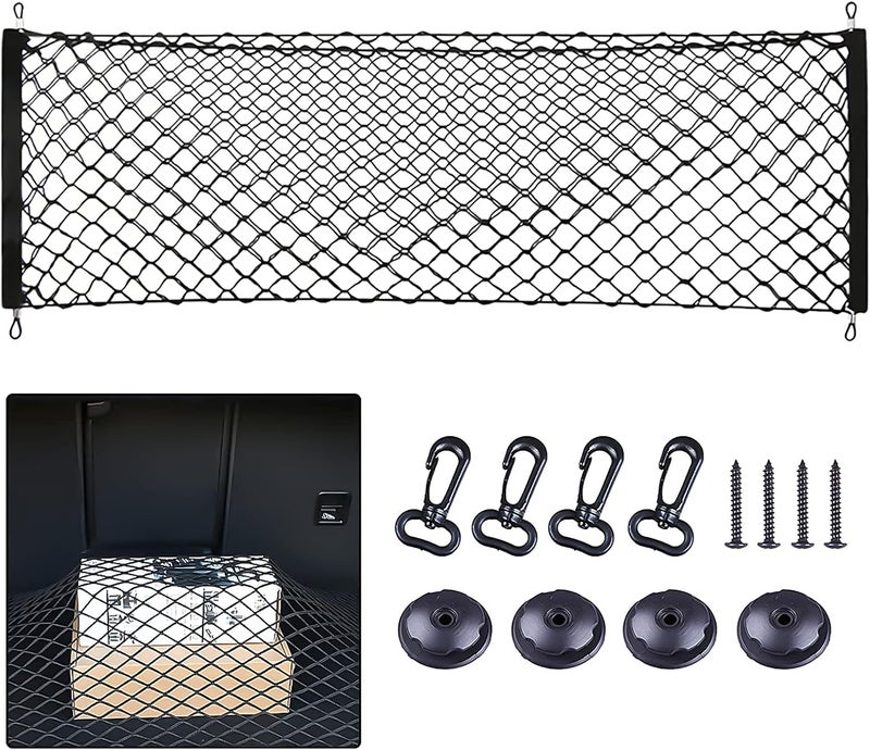 Rear Cargo Net Stretchable, Universal Adjustable Trunk Cargo Storage Organizer Compatible for SUV Jeep Truck, Storage Nylon Mesh Double-layer with Hooks, Easy to Install, Great Elasticity - Image 1