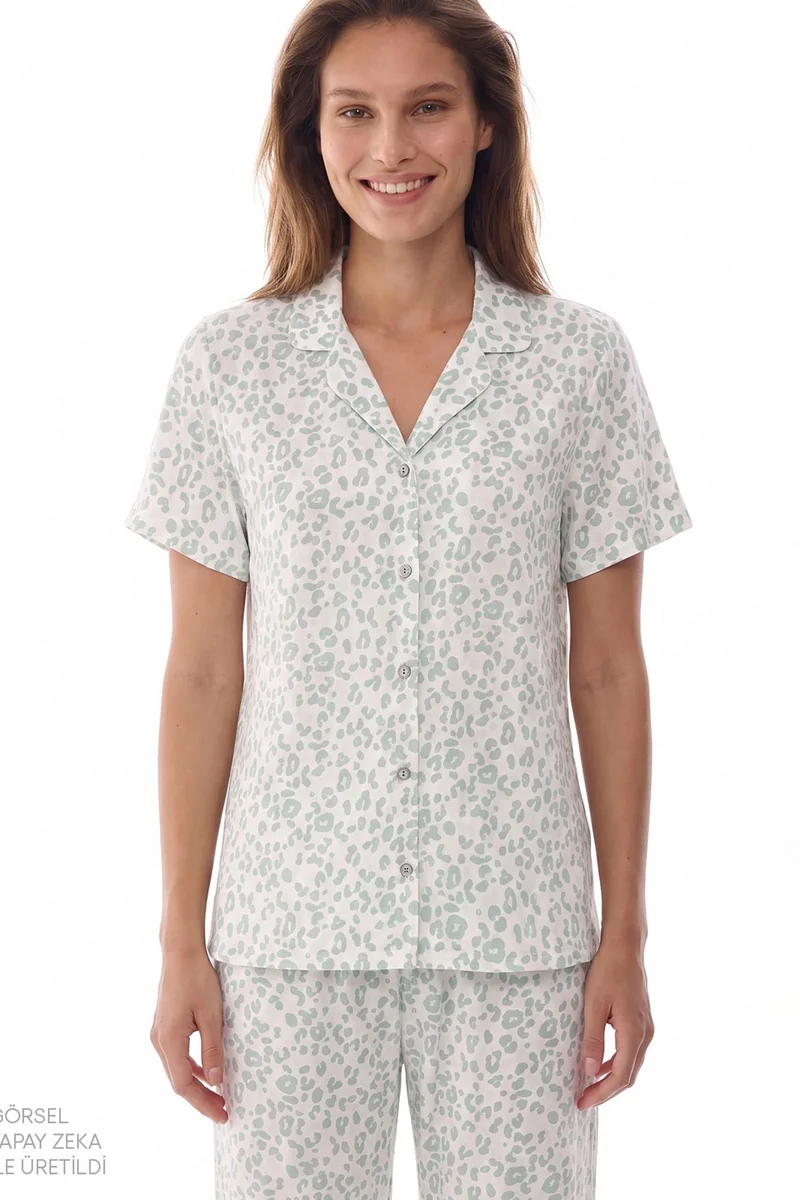 بنتي PENTI Leopard Short Sleeve Shirt Pants Pajama Set