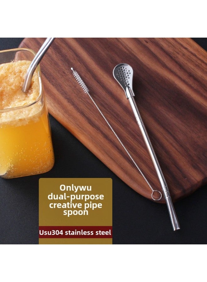 304 Stainless Steel Straw Spoon Dual-purpose Creative Coffee Mixing Spoon Environmental Protection Drinking Tube Juice Milk Tea Filter Straw-Color:Suction Tube Brush -20CM  - Image 2