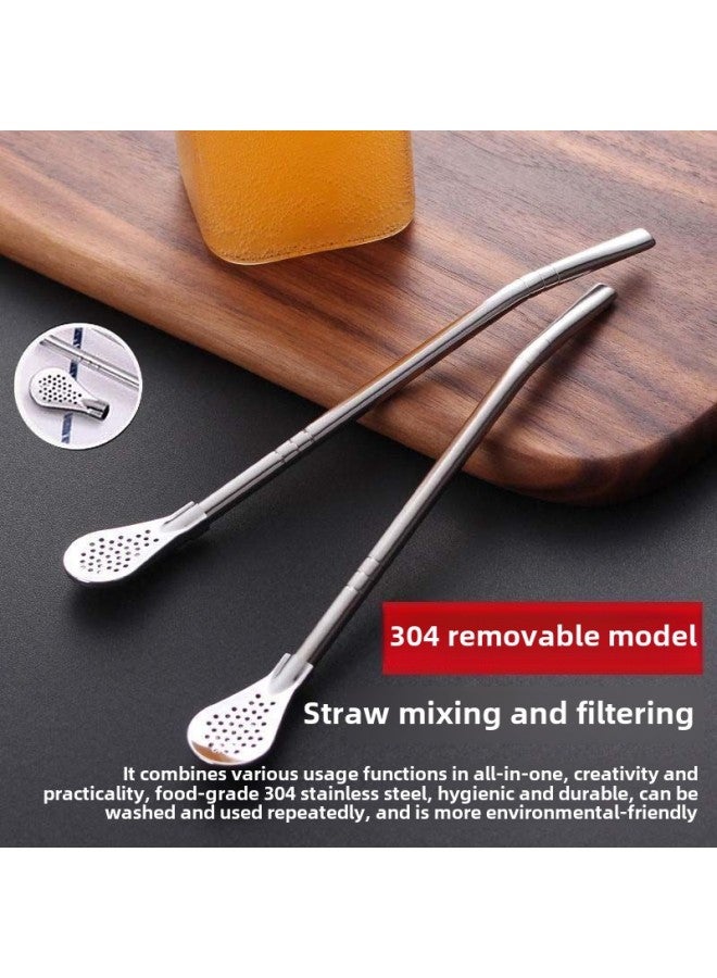 304 Stainless Steel Straw Spoon Dual-purpose Creative Coffee Mixing Spoon Environmental Protection Drinking Tube Juice Milk Tea Filter Straw-Color:Suction Tube Brush -20CM  - Image 1