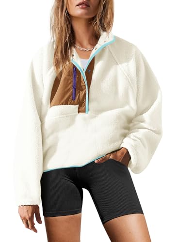 Yanekop Womens Fuzzy Fleece Pullover Sherpa Sweatshirt Long Sleeve Button Down Sweater Winter Fleece Jacket with Pockets(Beige Khaki,XS) - Image 1