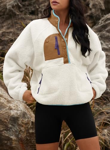 Yanekop Womens Fuzzy Fleece Pullover Sherpa Sweatshirt Long Sleeve Button Down Sweater Winter Fleece Jacket with Pockets(Beige Khaki,XS) - Image 5