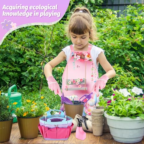 Acostop Kids Gardening Tool Set - Garden Tools for Kids with Shovel Trowel Rake Apron Gloves Watering Can and Tote Bag, Outdoor Toys Great Gifts for 3 4 5 6 7 8+ Years Old Girls (Flower Style) - Image 2