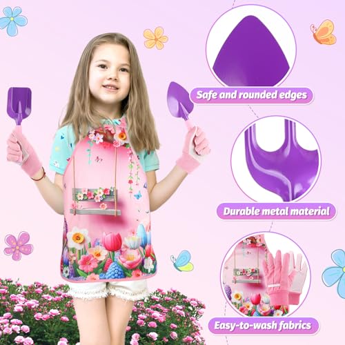 Acostop Kids Gardening Tool Set - Garden Tools for Kids with Shovel Trowel Rake Apron Gloves Watering Can and Tote Bag, Outdoor Toys Great Gifts for 3 4 5 6 7 8+ Years Old Girls (Flower Style) - Image 4