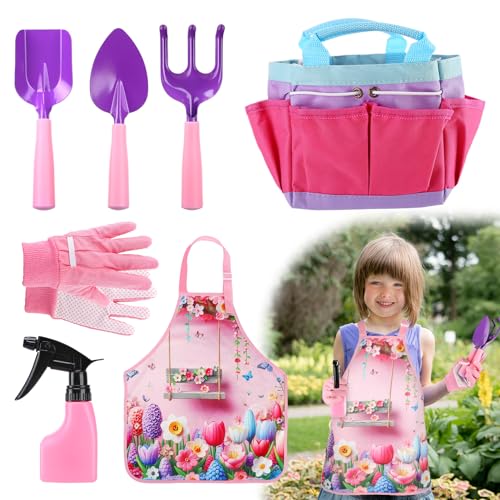Acostop Kids Gardening Tool Set - Garden Tools for Kids with Shovel Trowel Rake Apron Gloves Watering Can and Tote Bag, Outdoor Toys Great Gifts for 3 4 5 6 7 8+ Years Old Girls (Flower Style) - Image 1