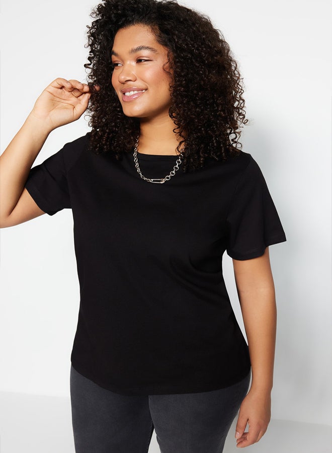 trendyol Black Regular Fit Basic Crew Neck 100% Cotton Knitted Plus Size T-Shirt - Image 1