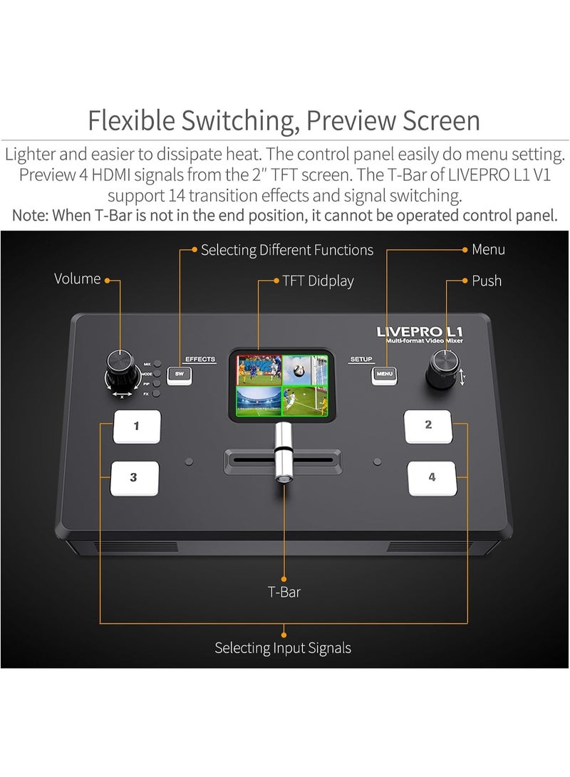 فيل وورلد محول فيديو متعدد الكاميرات فيلوورلد LIVEPRO L1 V1 مع شاشة LCD مقاس 2 بوصة وأربعة مداخل HDMI ومخرج USB 3.0 للبث المباشر والإنتاج الاحترافي تصميم خفيف الوزن - Image 2