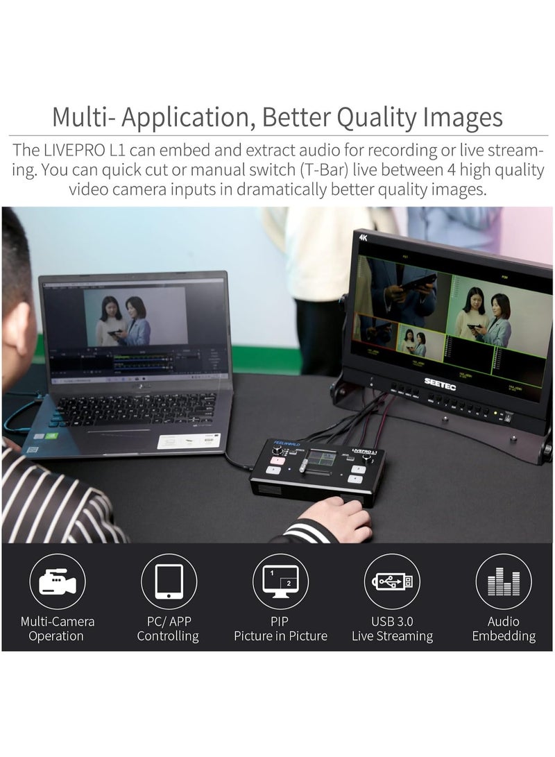 فيل وورلد محول فيديو متعدد الكاميرات فيلوورلد LIVEPRO L1 V1 مع شاشة LCD مقاس 2 بوصة وأربعة مداخل HDMI ومخرج USB 3.0 للبث المباشر والإنتاج الاحترافي تصميم خفيف الوزن - Image 4