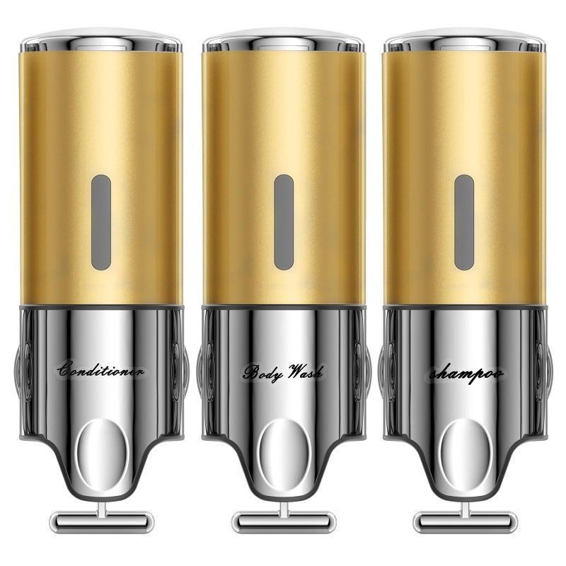 Shampoo and Conditioner DispenserDispensers for The ShowerShower Soap Dispenser 3 Chamber No DrillShampoo Conditioner Body Wash Dispenser Wall Mount for BathroomTriple x 176 ozGolden