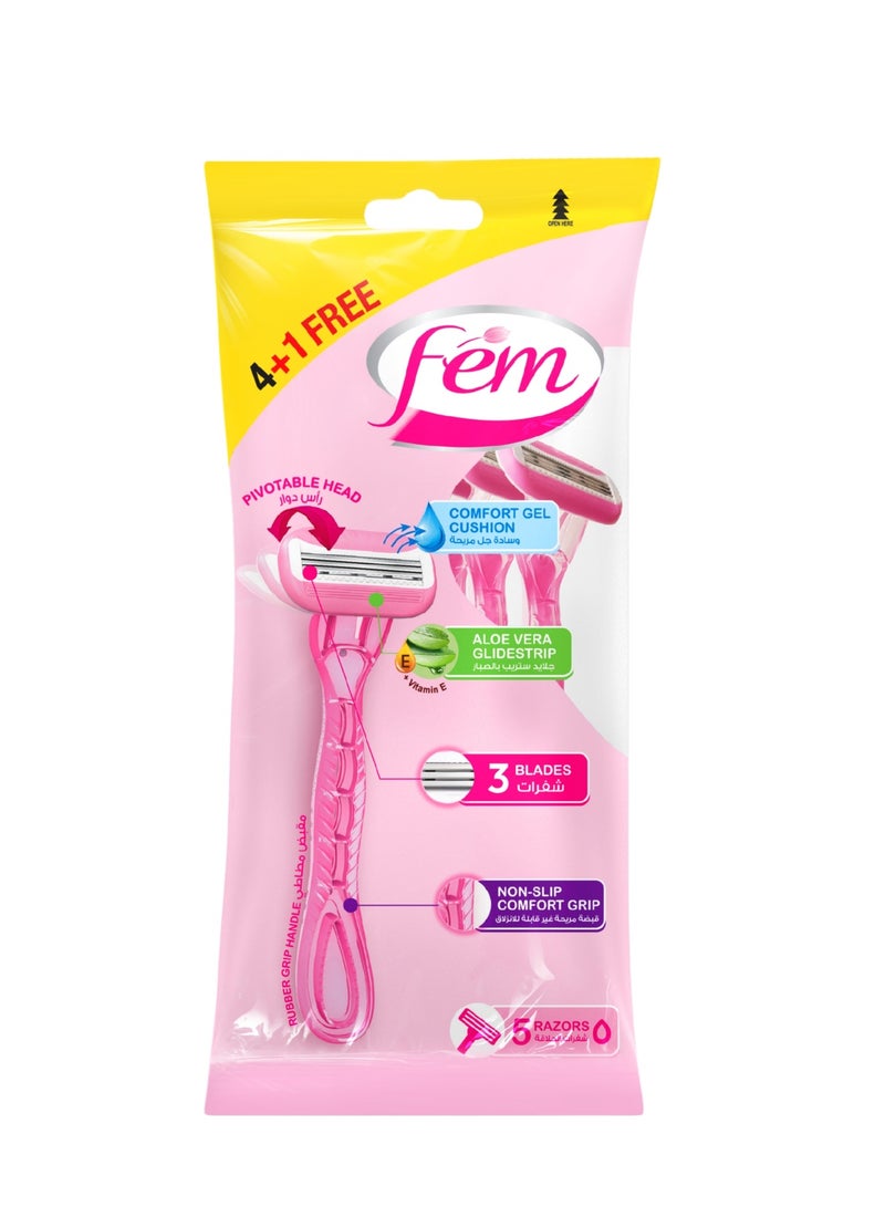 fem 4+1 Triple Blade Disposable Razors With Aloe Vera for Soothing Skin - Image 1