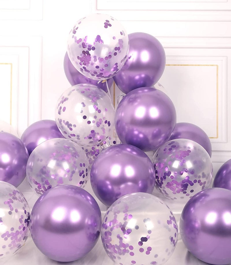 LAZYBEEE Party Balloons Pack of 42 - Purple chrome Balloons & Purple Confetti Balloons and 64ft Ribbons - 12 Inch Purple Balloons Decorations Set - Image 4