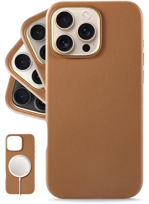Classic European Leather Phone Case for iPhone 16 Pro – Brown, Smoothens & Softens Over Time, Compatible with MagSafe