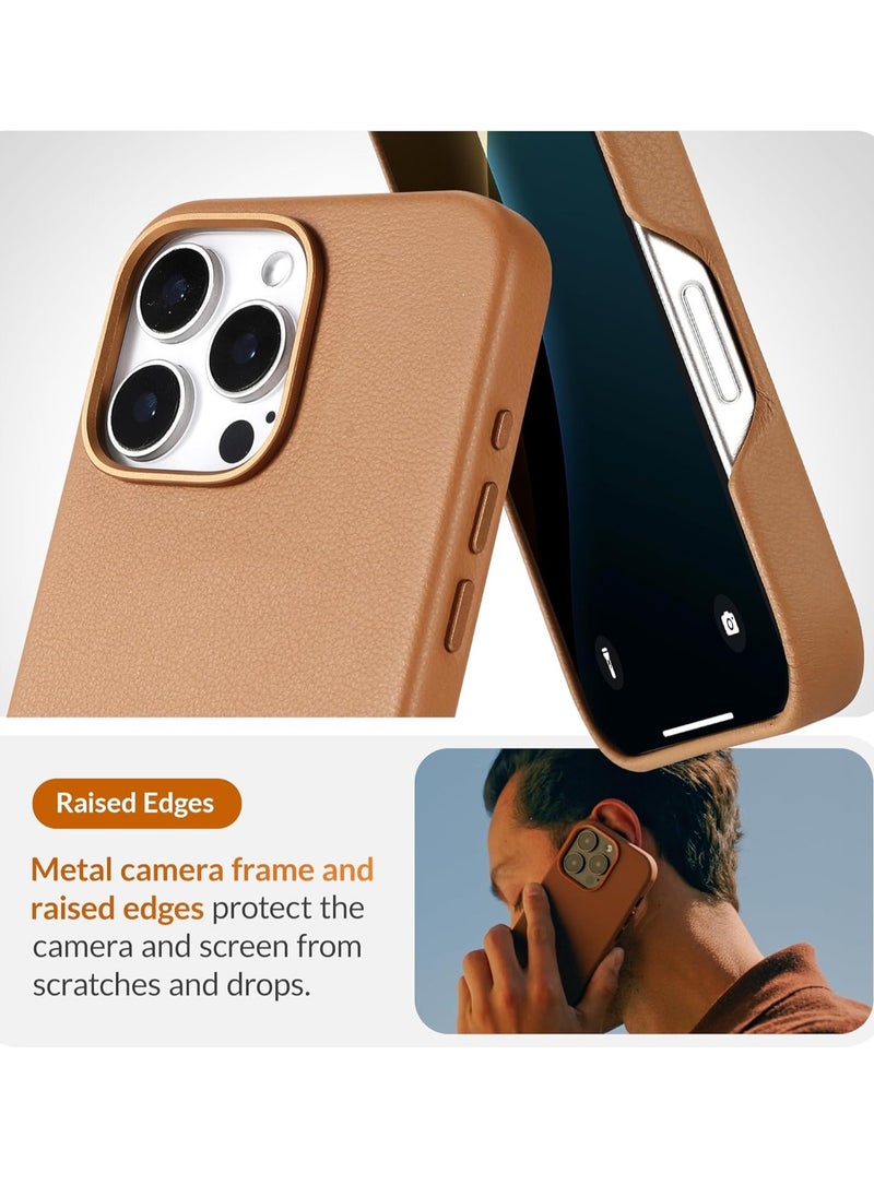 Classic European Leather Phone Case for iPhone 16 Pro – Brown, Smoothens & Softens Over Time, Compatible with MagSafe