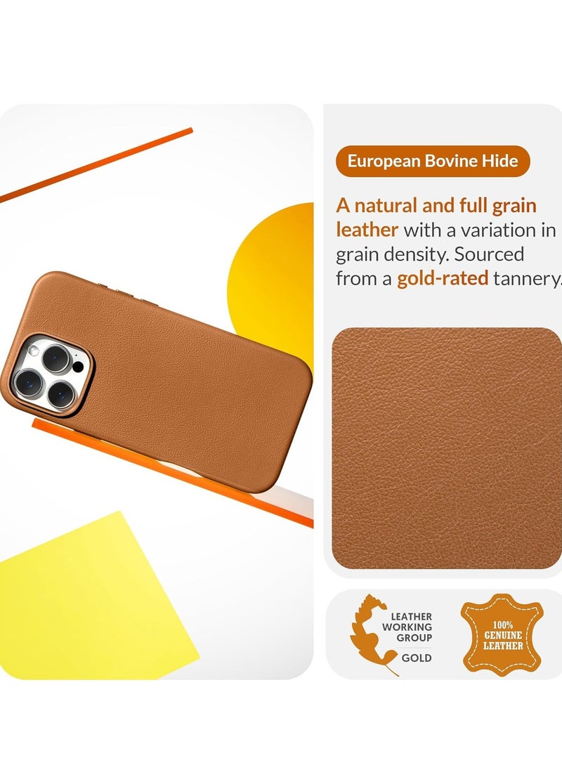 Classic European Leather Phone Case for iPhone 16 Pro – Brown, Smoothens & Softens Over Time, Compatible with MagSafe
