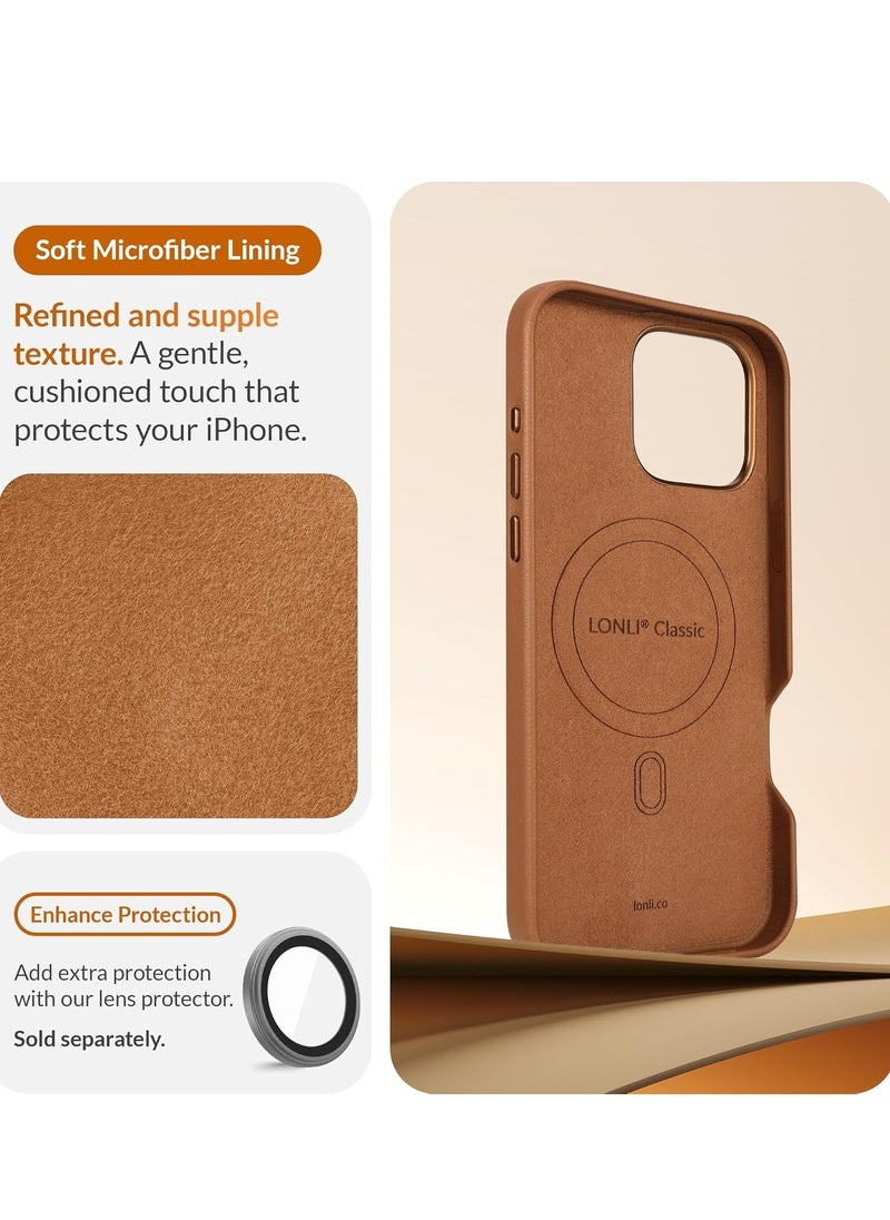 Classic European Leather Phone Case for iPhone 16 Pro – Brown, Smoothens & Softens Over Time, Compatible with MagSafe
