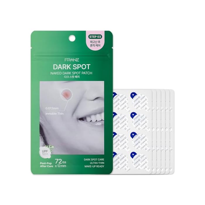 FRANZ Post-Acne Mark Patches, Ultra-Thin Dark Spot Stickers, 72 Count | 0.013mm matte UPF 50+ material-tested film with niacinamide, tranexamic acid, glutathione, bakuchiol. Makeup-friendly Korean