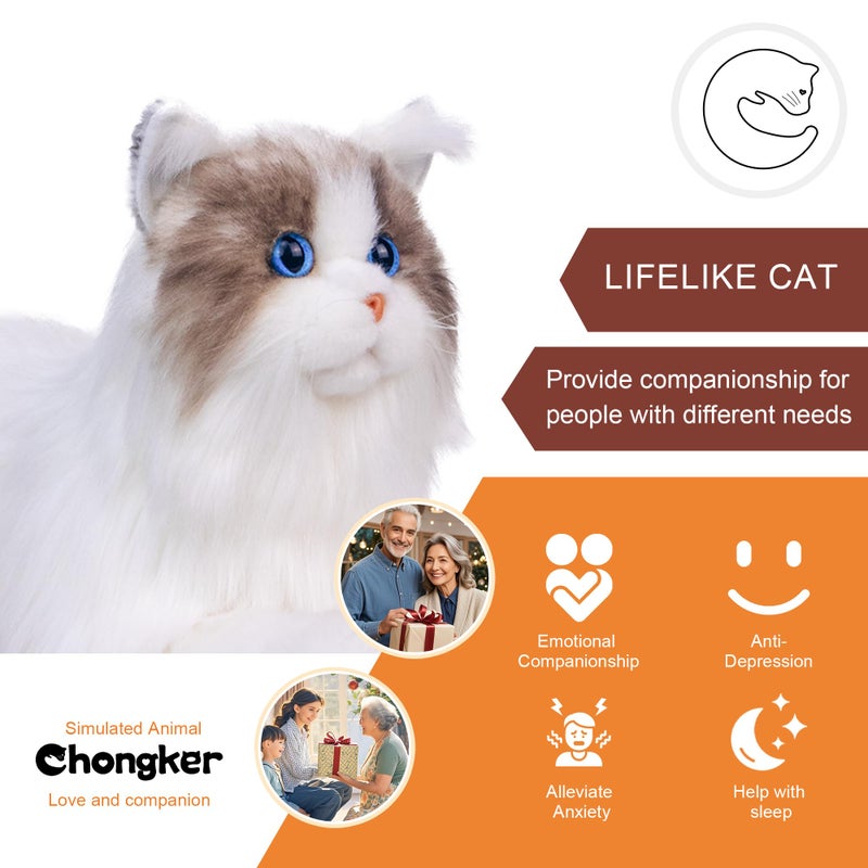 Chongker Stuffed Animals Handmade Cat Plush, Realistic Companion Pet, Lifelike White Cat - Image 3
