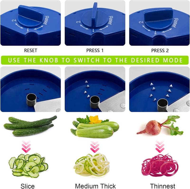 SHAREWIN 3 in 1 Vegetable Spiralizer Slicer, Adjustable Zucchini Carrot Noodle Maker, Cucumber Spiral Cutter, Easy to Use Kitchen Tool（Blue） - Image 2