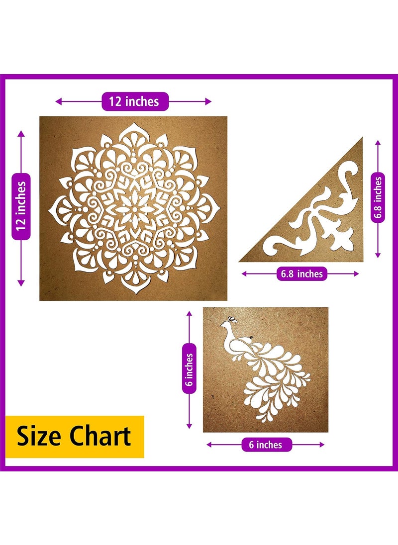 SOLOBOLO - Solobolo Rangoli Stencils for Door Entrance with 6 Rangoli Colours| Mandala Rangoli Stencil | Stencil of Peacock for Rangoli | Corner Rangoli Stencil | Set of 3 |RN301 - Image 1