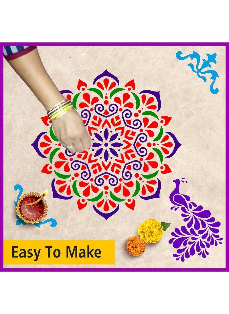SOLOBOLO - Solobolo Rangoli Stencils for Door Entrance with 6 Rangoli Colours| Mandala Rangoli Stencil | Stencil of Peacock for Rangoli | Corner Rangoli Stencil | Set of 3 |RN301 - Image 1
