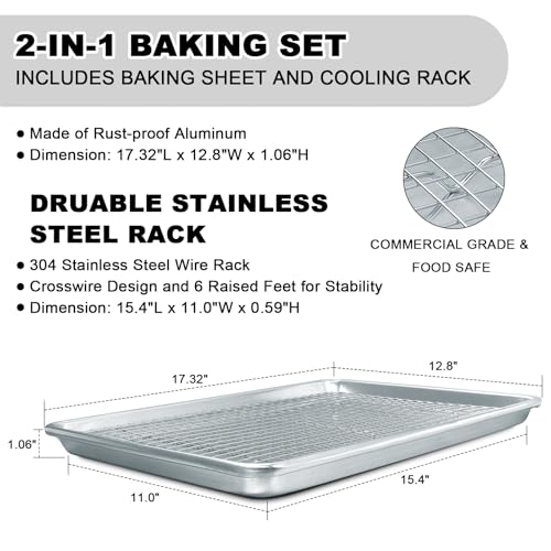 EWFEN Half Sheet Pans with Rack Set 18 Inch Commercial Quality Baking Sheet Pan Set Natural Aluminum Cookie Sheet Warp Resistant Nonstick Thick Cookie Tray Pans for Baking Roasting - Image 3