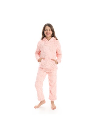 Self Patterened Long Sleeves Hooded Pijama-Rose