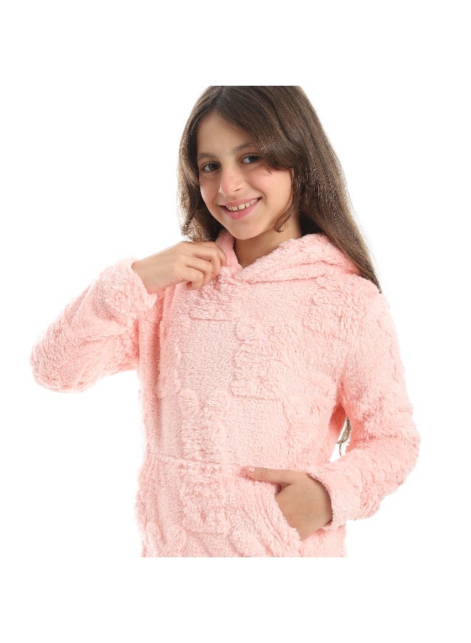 Andora Self Patterened Long Sleeves Hooded Pijama-Rose - Image 4