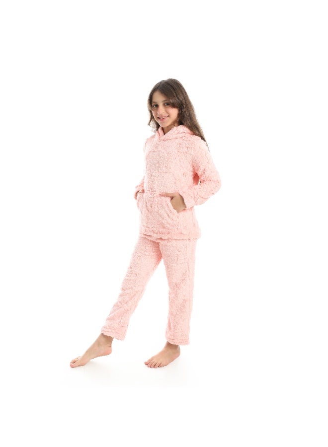 Andora Self Patterened Long Sleeves Hooded Pijama-Rose - Image 5