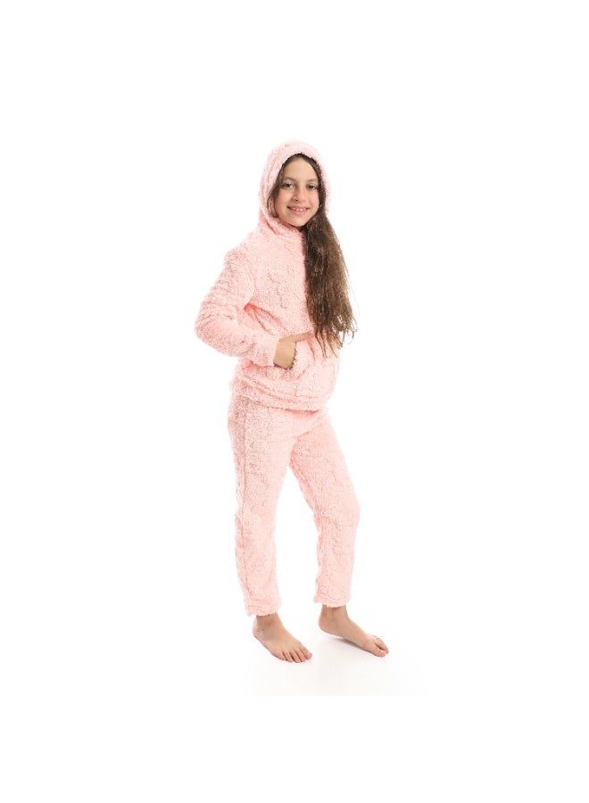Andora Self Patterened Long Sleeves Hooded Pijama-Rose - Image 3