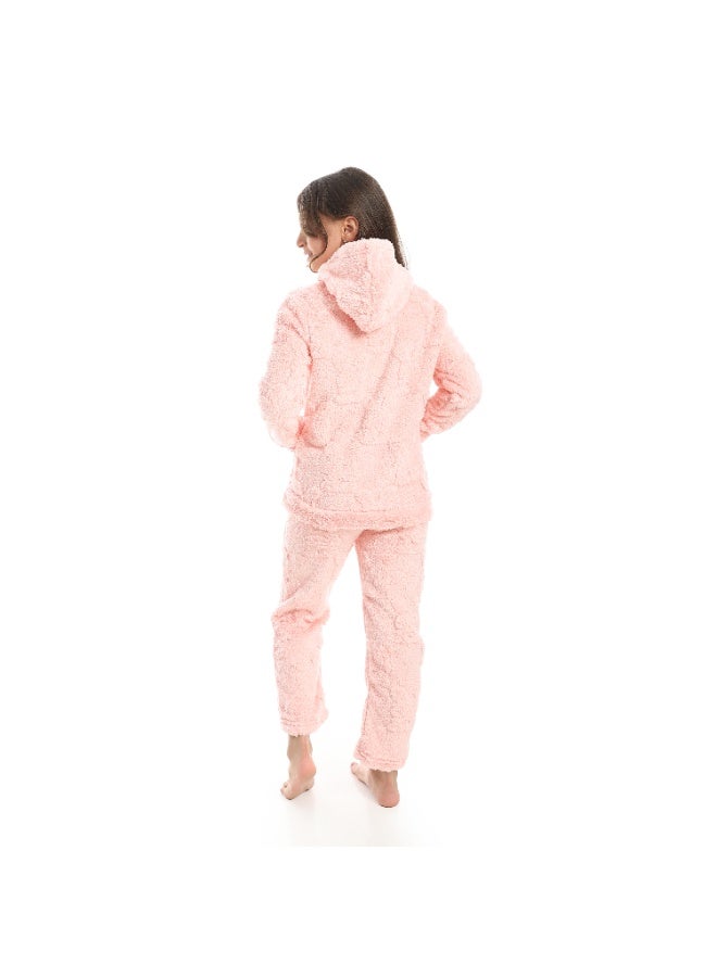Andora Self Patterened Long Sleeves Hooded Pijama-Rose - Image 2