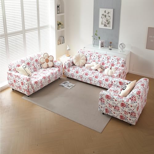 HOKIPO Premium Printed Velvet Sofa Cover 3 Seater Fully Covered, Red Cottage Rose (AR-5797-D6) - Image 3