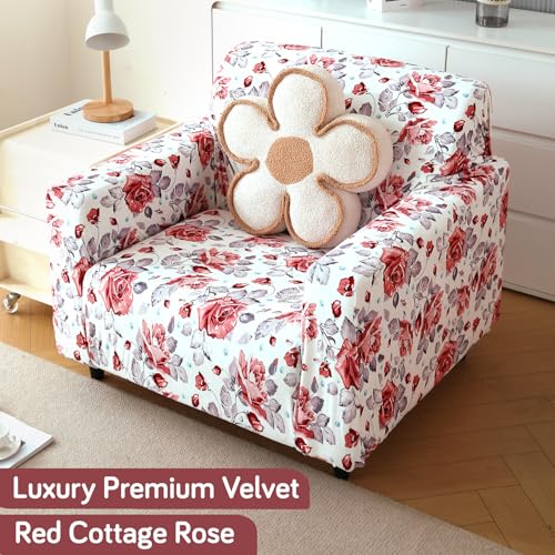 HOKIPO Premium Printed Velvet Sofa Cover 3 Seater Fully Covered, Red Cottage Rose (AR-5797-D6) - Image 2