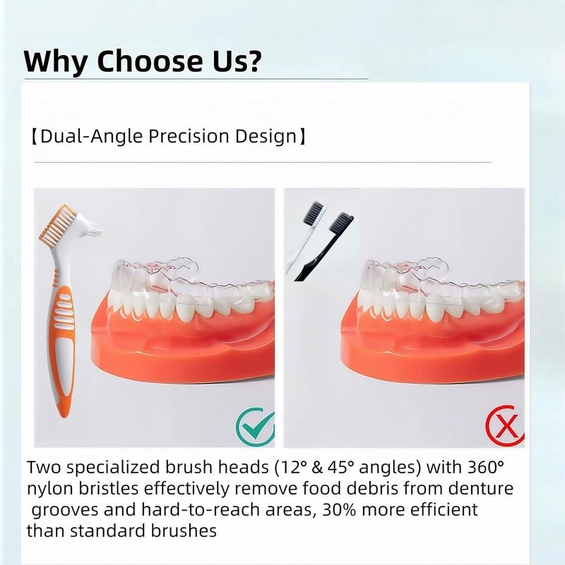 RyanDesign Denture Cleaning Brushes 2-Pack with Dual-Angle Heads - Soft Nylon Bristles & Ergonomic Grip, Travel Brush Kit for Seniors (Orange/Blue) | Denture Care Essentials, Heartwarming Gift for Elderly - Image 4