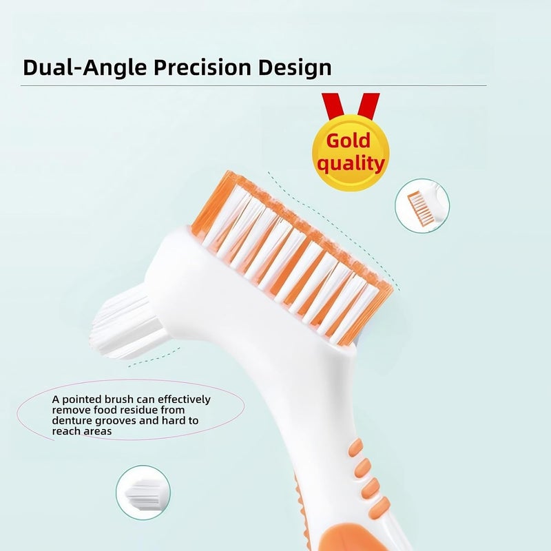 RyanDesign Denture Cleaning Brushes 2-Pack with Dual-Angle Heads - Soft Nylon Bristles & Ergonomic Grip, Travel Brush Kit for Seniors (Orange/Blue) | Denture Care Essentials, Heartwarming Gift for Elderly - Image 2