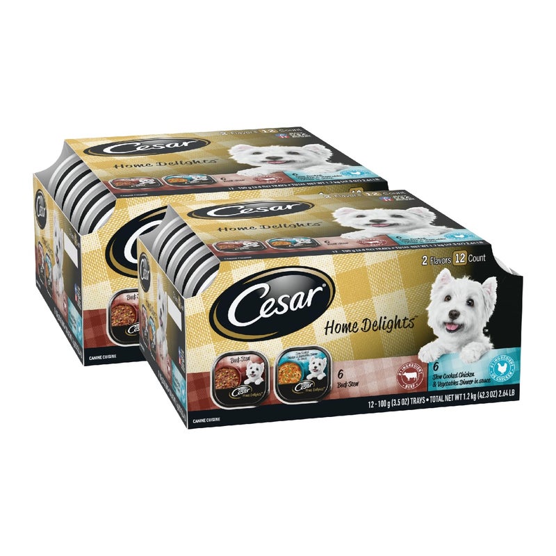 Cesar Home Delights Adult Wet Dog Food, Slow Cooked Chicken & Vegetables Dinner in Sauce and Beef Stew Variety Pack, Wet Food for Dogs, 3.5 oz Tray, 12 Count (Pack of 2) - Image 1