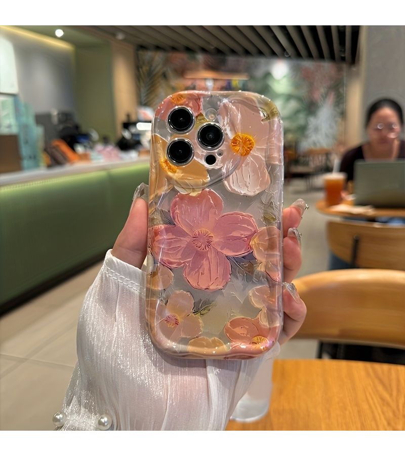 Purple Oil Painting Phone Case for iPhone 16 Plus Vintage Wavy Edges - Image 1