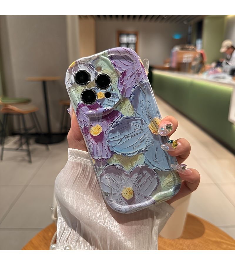 Purple Oil Painting Phone Case for iPhone 16 Plus Vintage Wavy Edges - Image 3