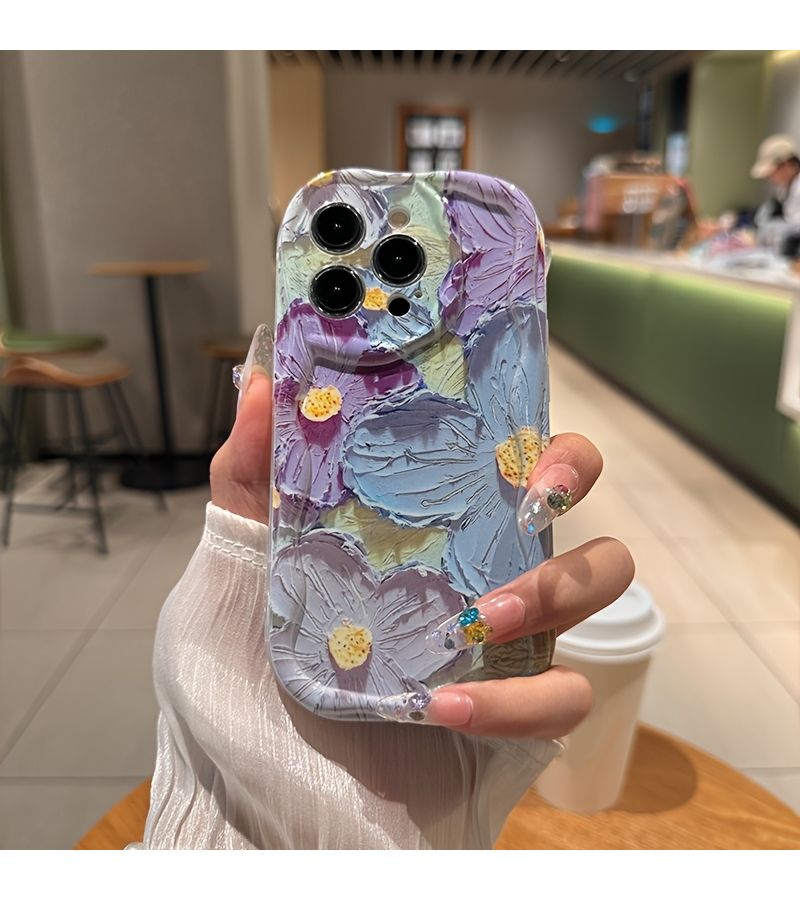 Purple Oil Painting Phone Case for iPhone 16 Plus Vintage Wavy Edges - Image 2