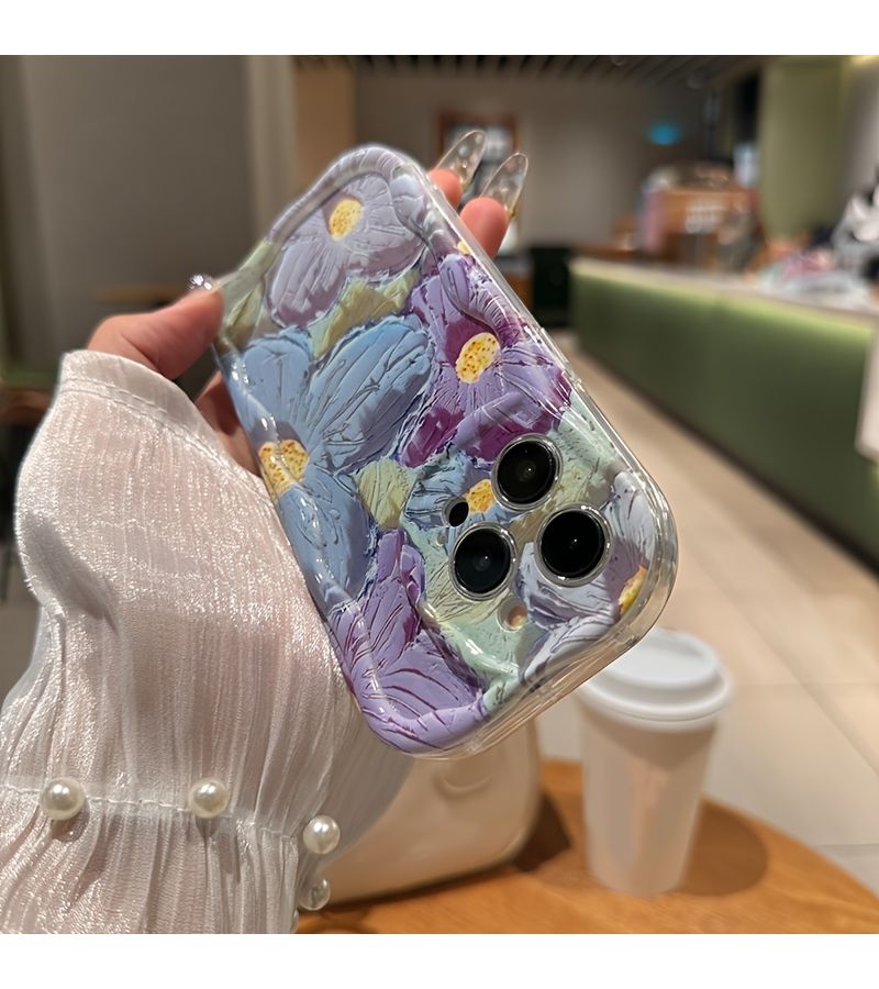 Purple Oil Painting Phone Case for iPhone 16 Plus Vintage Wavy Edges - Image 4