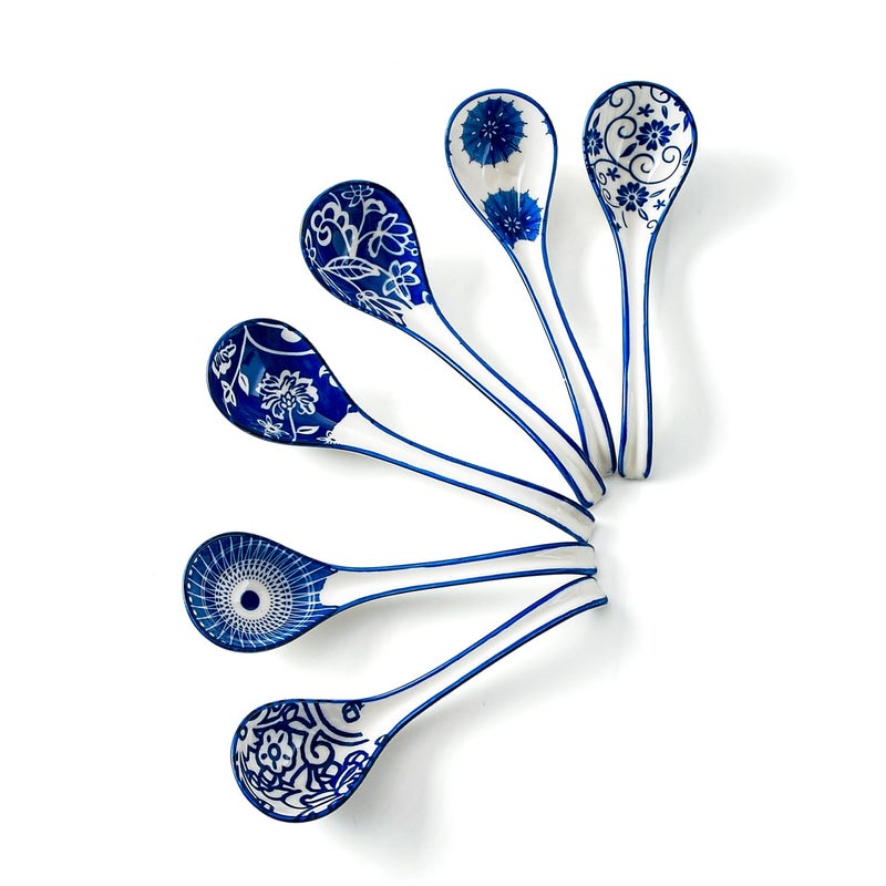 CERKIK Ceramic Asian Soup Spoon - 6.3 Inch Chinese Soup Spoons Japanese Ramen Spoons for Pho Dumplings Wonton Miso Cereal Stews Noodles - Set of 6 - Vintage Blue - Image 1